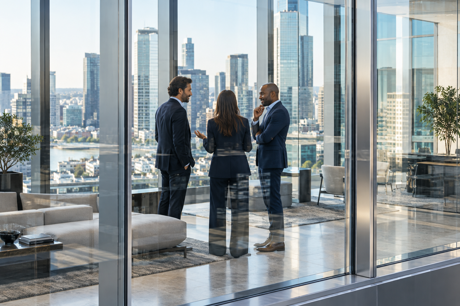 Conceptual scene of professionals in conversation, seen through glass with urban reflections.