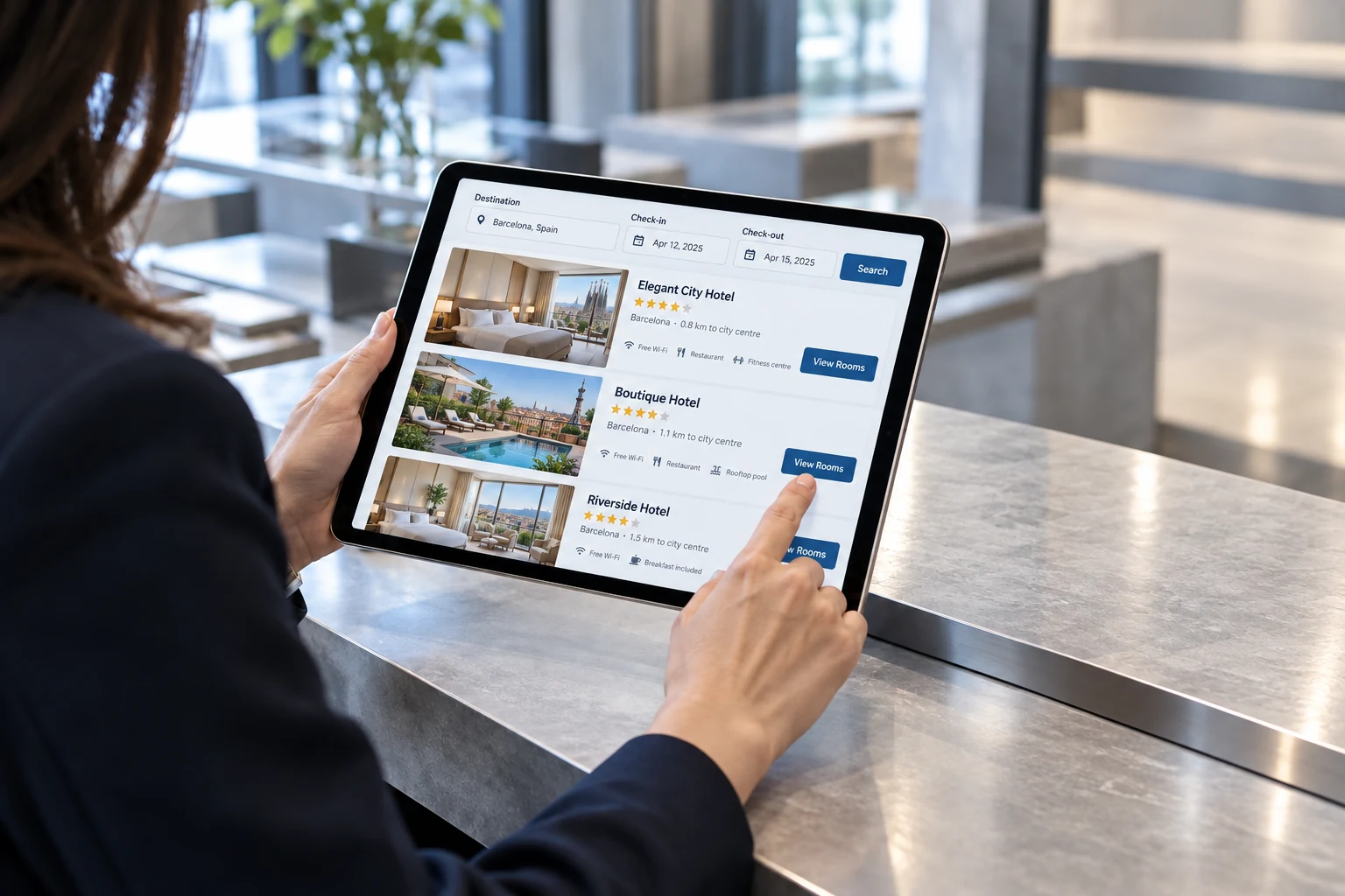 Conceptual scene of a person searching for hotel accommodation on a tablet.